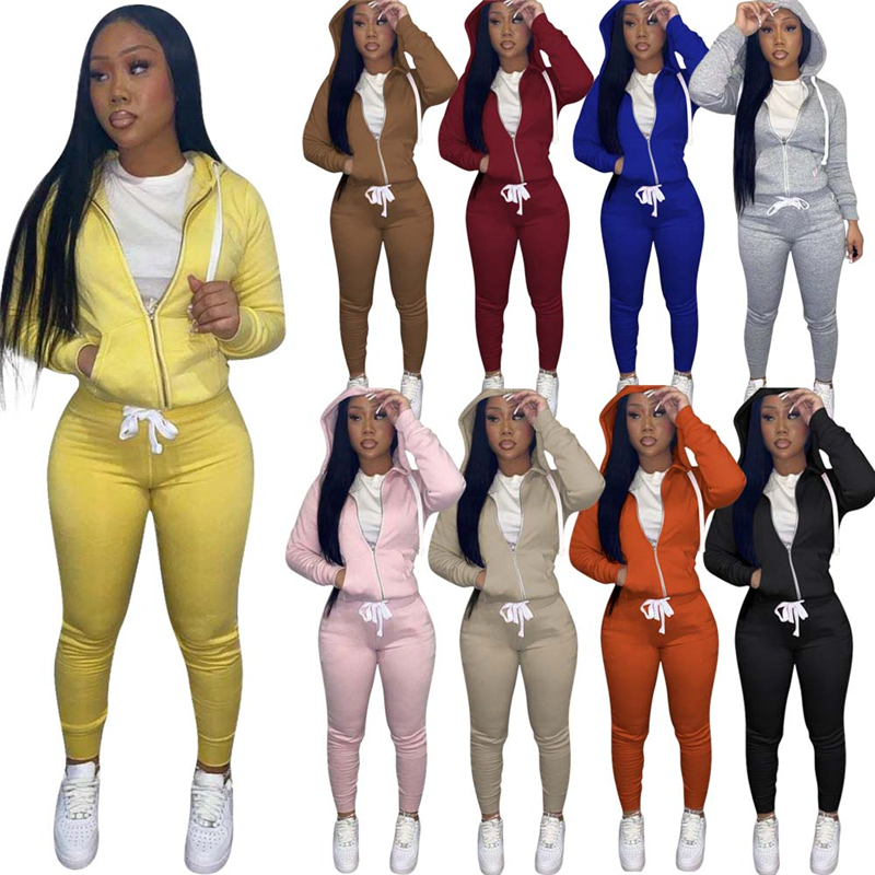 Custom Hoodie Set Solid Zippered Bodycon 2 Piece Set Jogging Sweatsuit Fashion Sweat Pant Set
