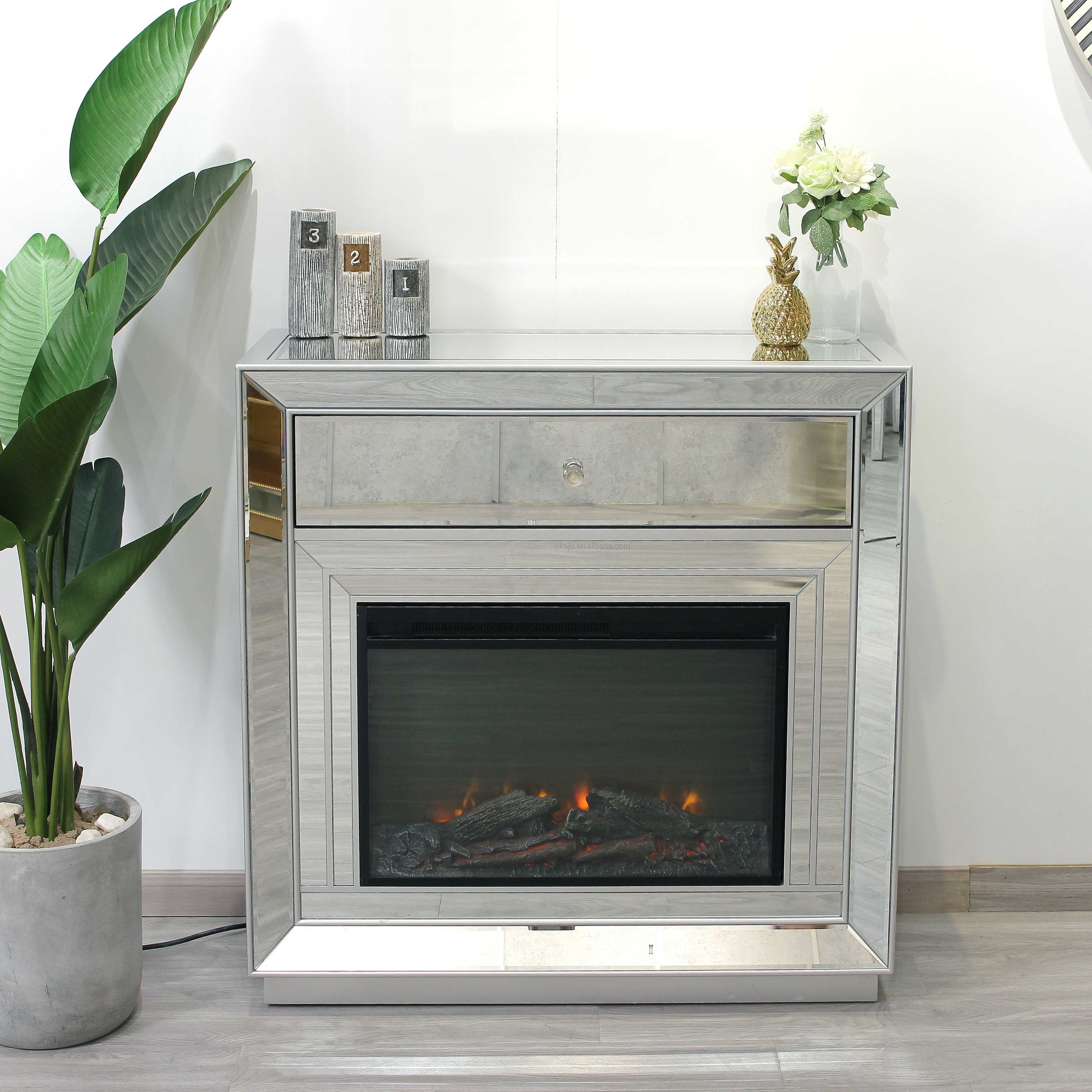 Wooden Mantel Modern indoor mirrored fireplace shelf manufacture OEM silver glass frame Customizable