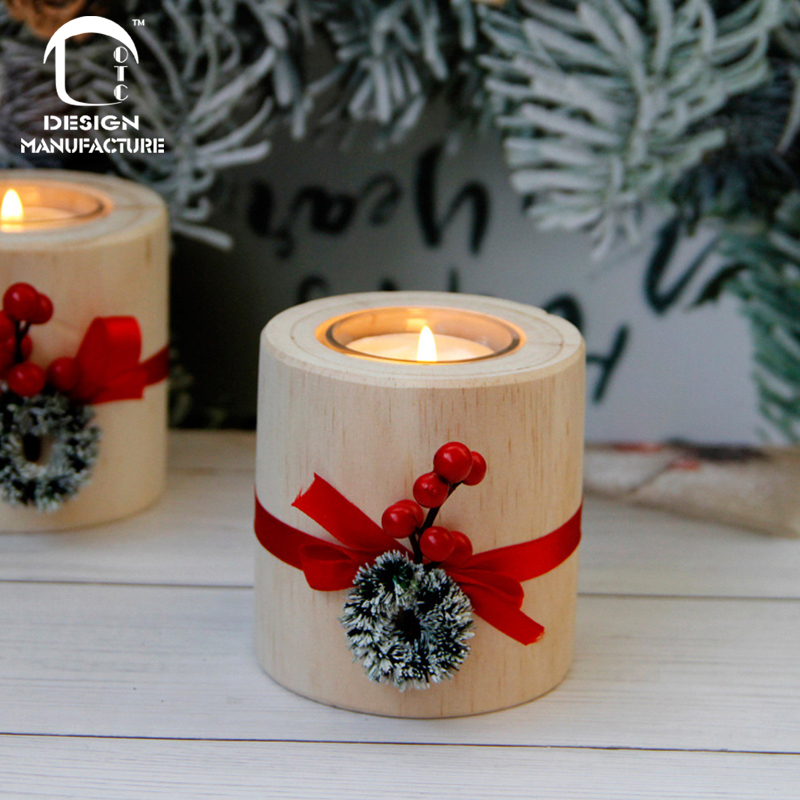 producer new Christmas votive wooden base with berry and ribbon in glass cup tealight candle holder
