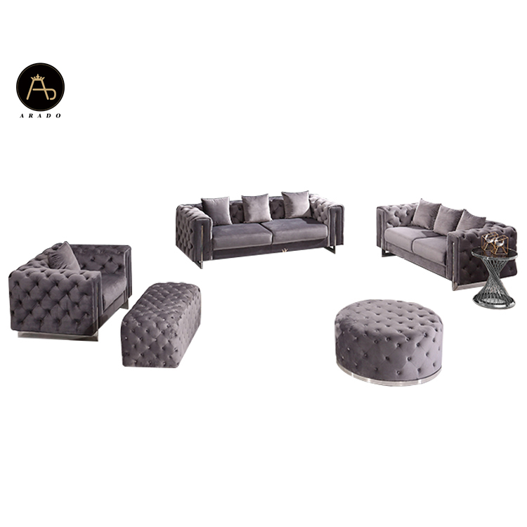 2021 новейшая китайская роскошная мебель для гостиной loveseat серый chesterfield бархатный диван набор