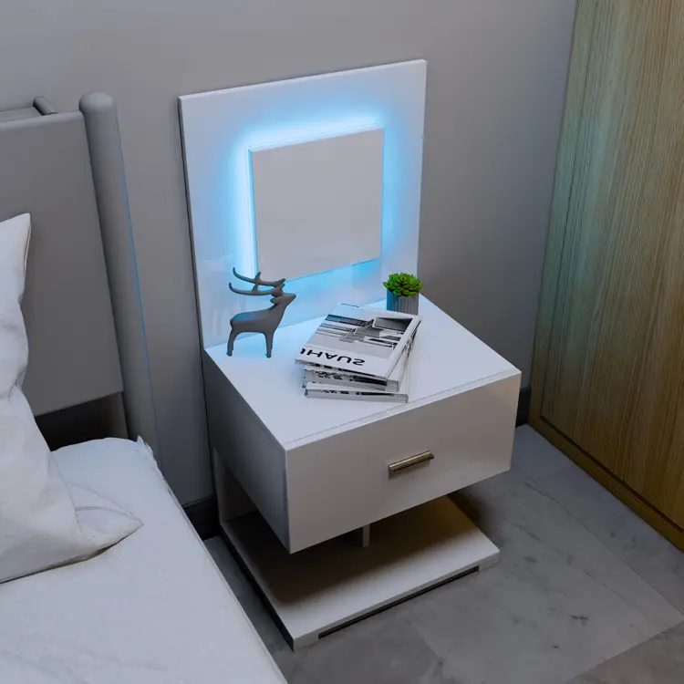 Bedside Table Modern Luxury High Gloss Bedside Cabinet LED Lights Night Stand Table With Living Room