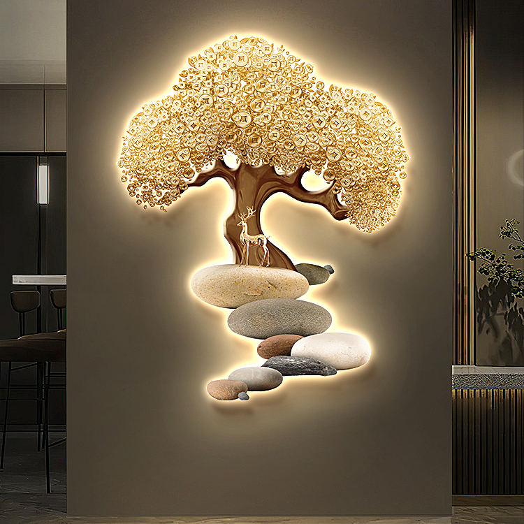 Luxury Golden Tree Home Living Room Decors Designer's Style 3D wallart painting New Product Design Wall lamp LED Decorations