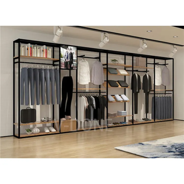 High-end light Clothing store display rack design factory retail store metal fixed display racks wooden clothing display cabinet