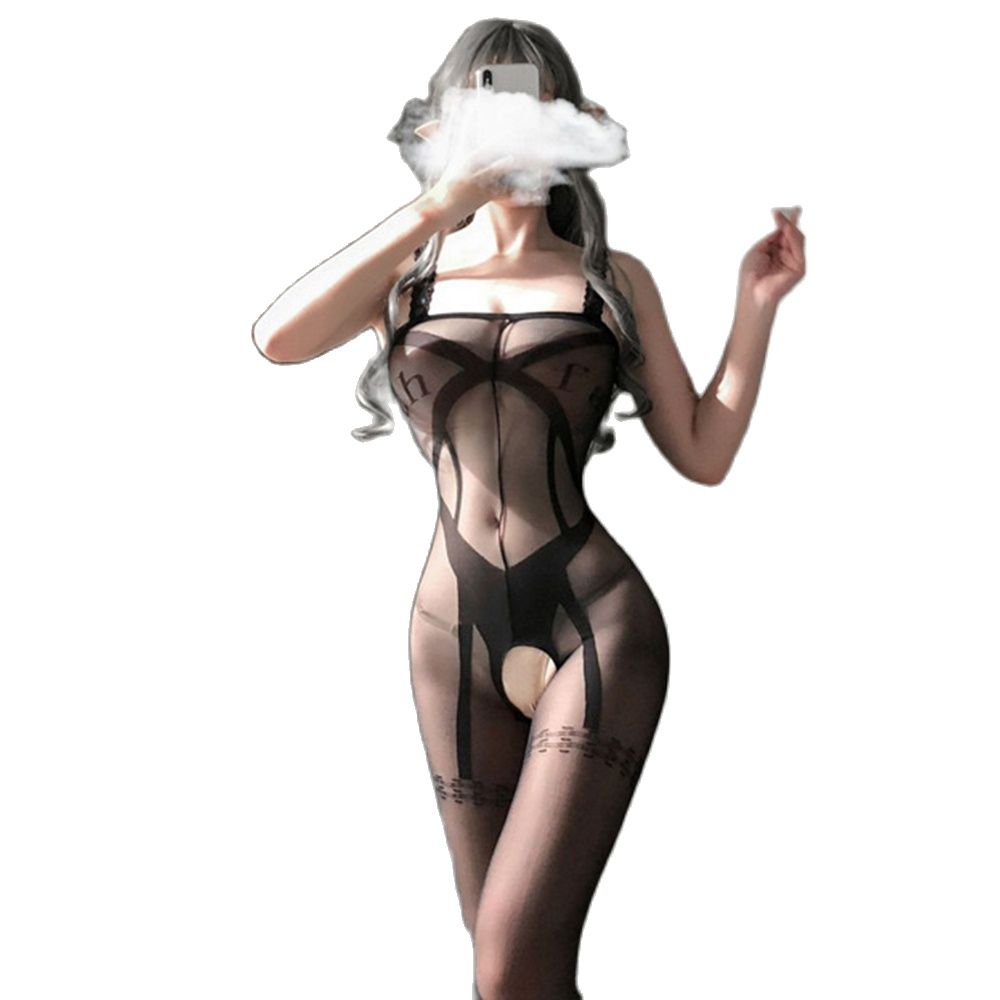 Sexy stitching lace tight open crotch stockings letter printing erotic underwear