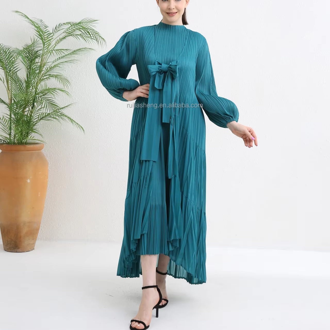Miyake 2025 Latest Green Pleated Modest Church Dress Designer 2 Piece Sets Bishop Sleeves Bow Knot Solid Plus Size Spring