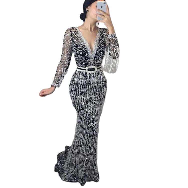 new long sleeve bronzing tassel dresses women lady elegant formal dresses evening dresses