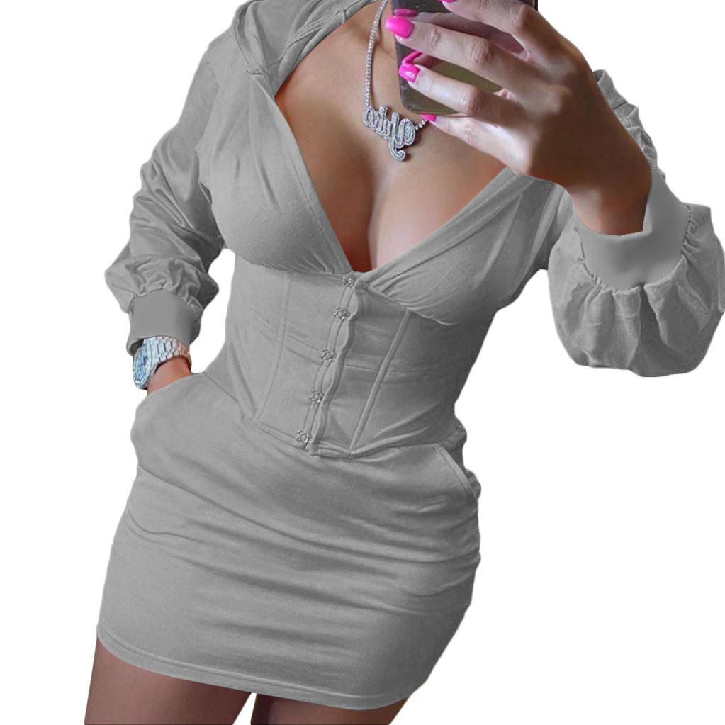 Casual Cocktail Party Clothing Side Pocket Straight Dress OEM Factory Direct Fashion Solid Color Hooded Long Sleeve Women A-line