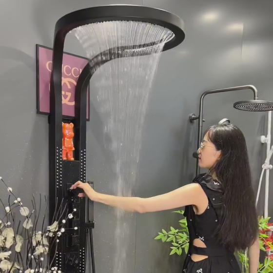 2023 tiktok hot sale black brass copper wall mounted multifunction bathroom waterfall rainfall shower head set system panel