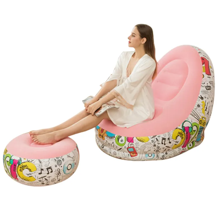 Pink Inflatable Lounge Chair with Ottoman Portable Lazy Sofa Set Indoor Outdoor
