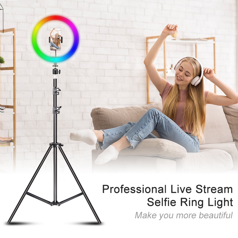 Светодиодный кольцевой светильник, 10 дюймов, RGB, Tiktok, для съемки Селфи, со штативом, для прямой трансляции, нанесения макияжа, Youtube