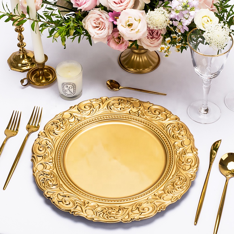 plastic glass rose black gold rim charger plates wedding table decoration silver white pink beaded charger plate for dinner bulk