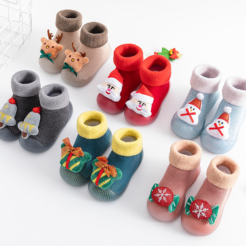 Wholesale Casual Winter Fashion Prewalk First Steps Baby Boy and Girl Non Slip Fur Knitted Christmas Infant Toddler Sock Shoes