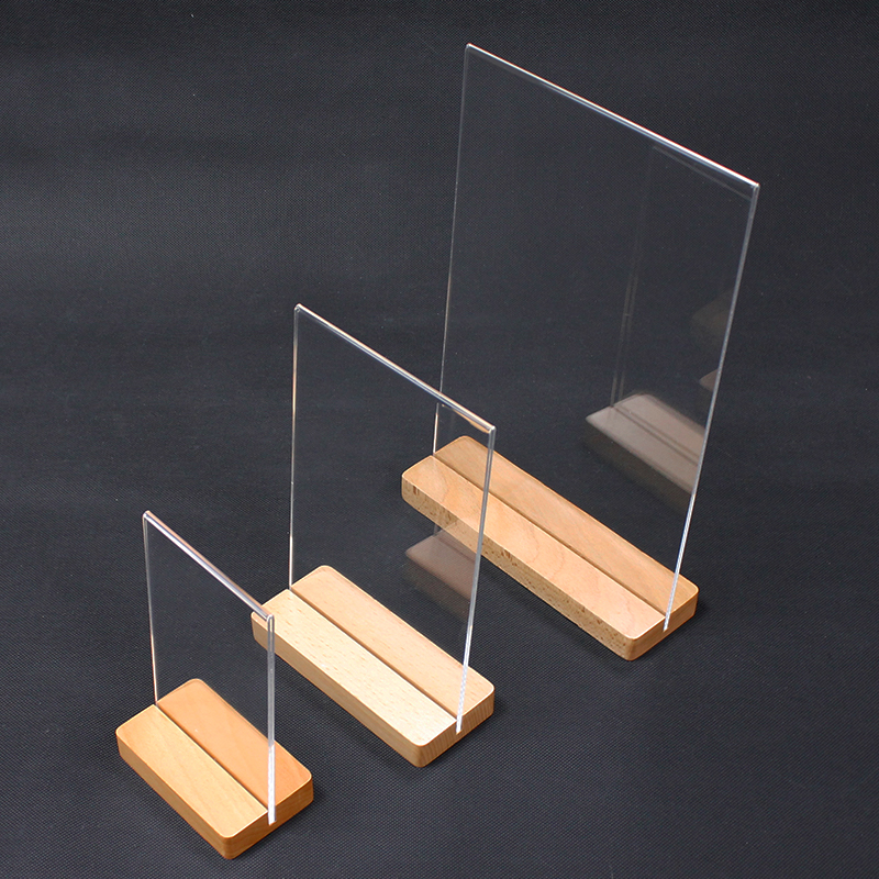Custom A4 A5 A6 Clear Acrylic Wood Base Sign Holder Acrylic Insert Card Menu Holder