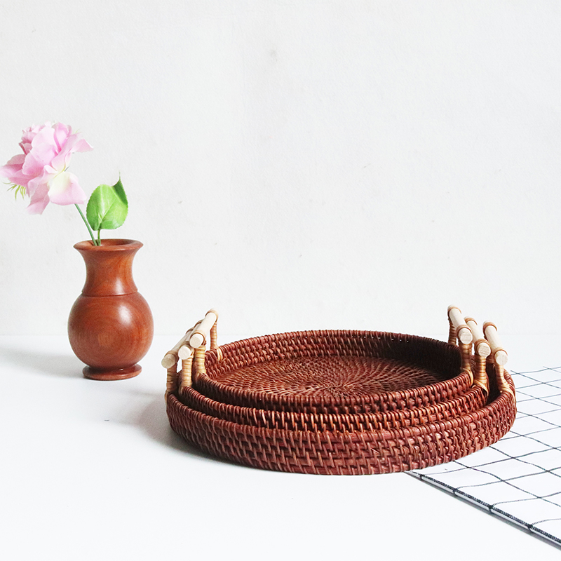 Round Natural Rattan Serving Tray for Hotel, Restaurant