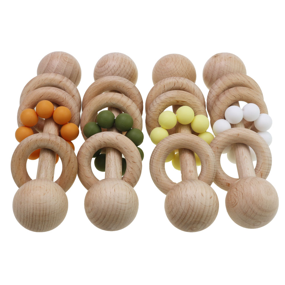 Beech Wood and Silicone Beads Rattle Baby Wooden Rattle Grasping Teething Toy For Toddlers Nursing Baby Rattles Toys
