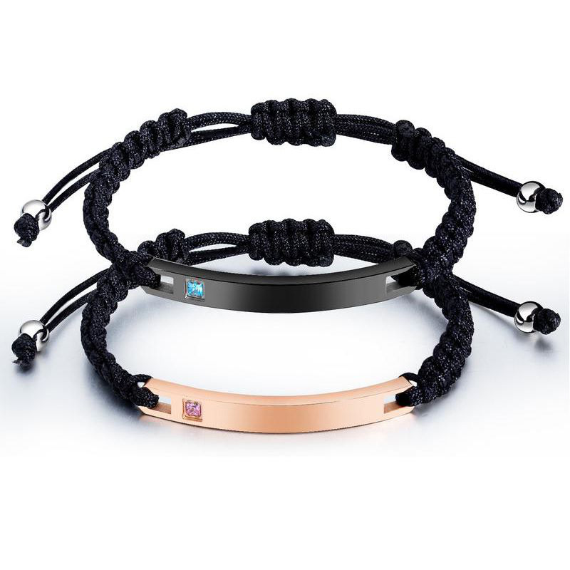 Trendy Fashion Couple Bracelet Black Rose Gold Curved Brand Black Braided Rope Stainless Steel Bracelet
