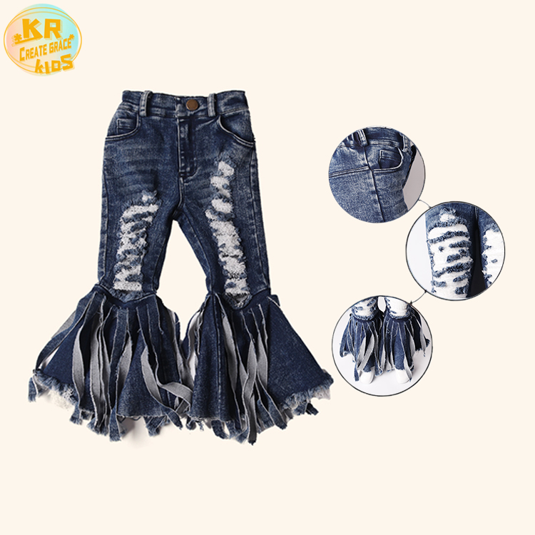 Boutique Hot Sale Girls Flare Pants Kids Hole Tassels Jeans Plus Size Pants & Jeans Bell Bottoms For Girls