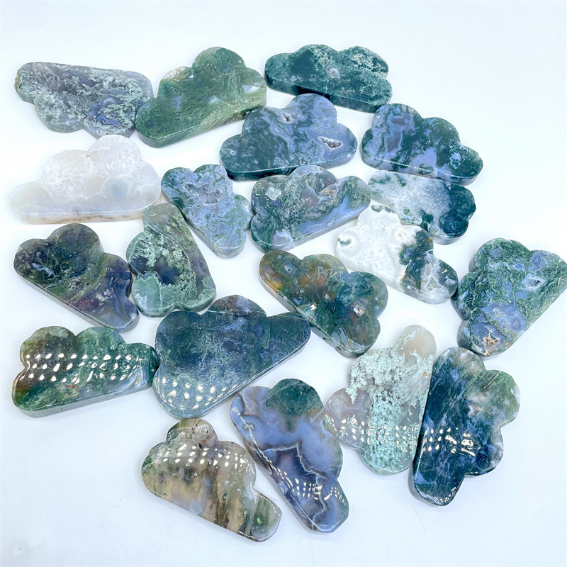 Hand Carved Natural Moss Agate Cloud Carving Healing Stone Crystal Crafts For Home Decoration Gifts
