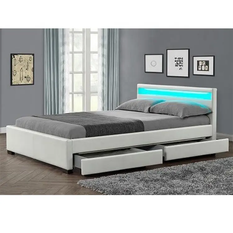 Bed With Drawers Storage LED Light Headboard Leather PU Beds With Drawers Cheap