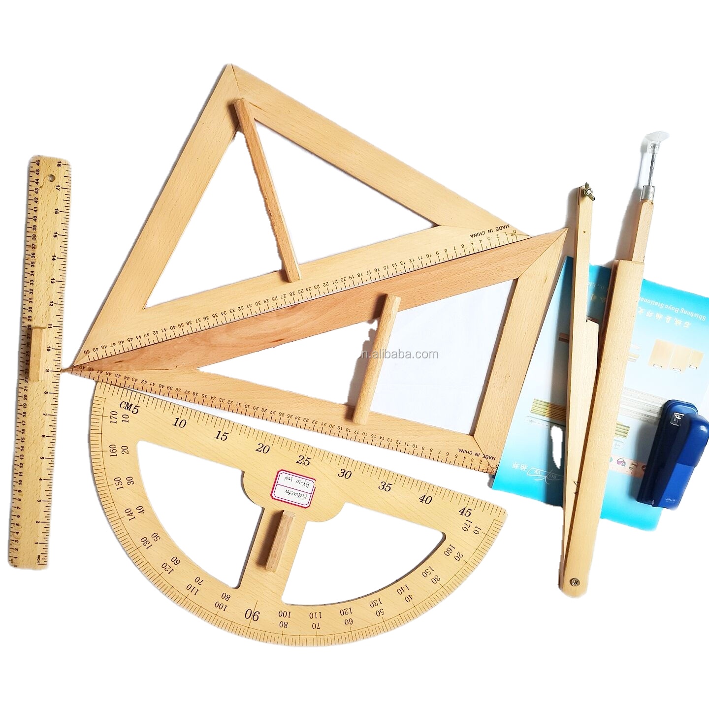 5pcs School Board Wood Teaching Geometry Math Ruler Set Education Tool Triangle Compasses Protractor Miter Framing Measurement
