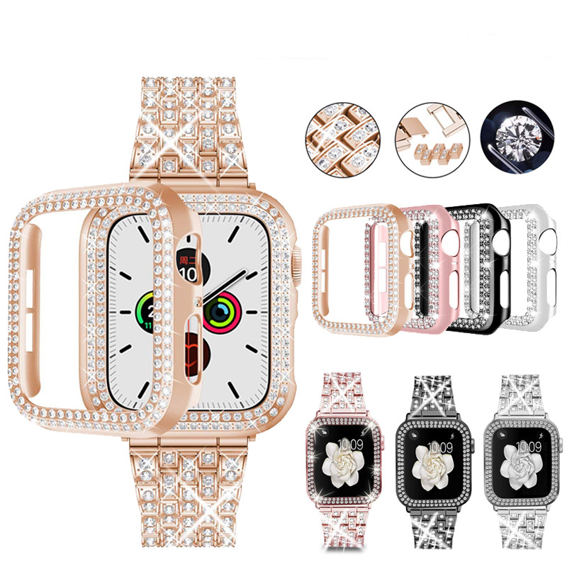 Роскошный женский браслет для Apple Watch Series 6 SE, 5 ремешков, чехол для iWatch, металлический бриллиантовый чехол для часов и ремешок