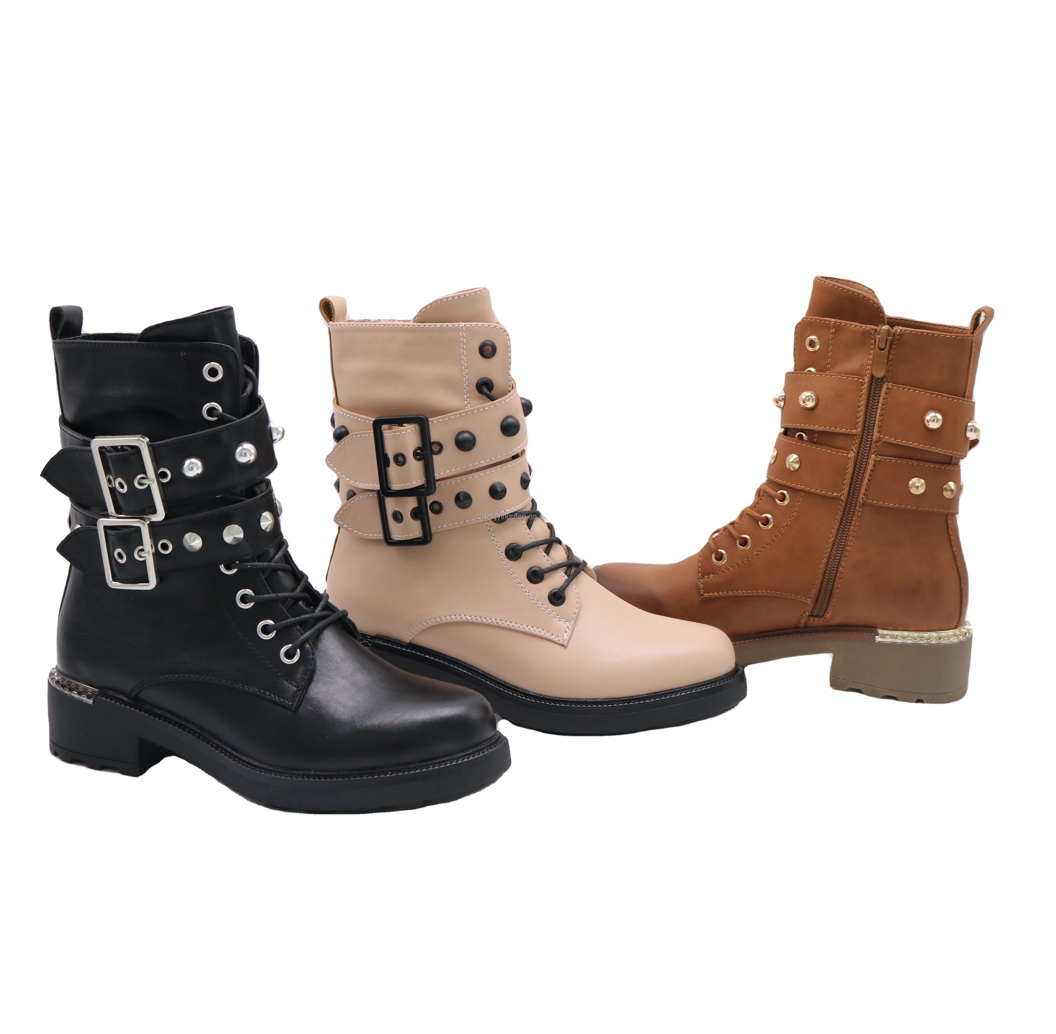 new women winter shoes pu upper straps with decoration studs women flat midi boots