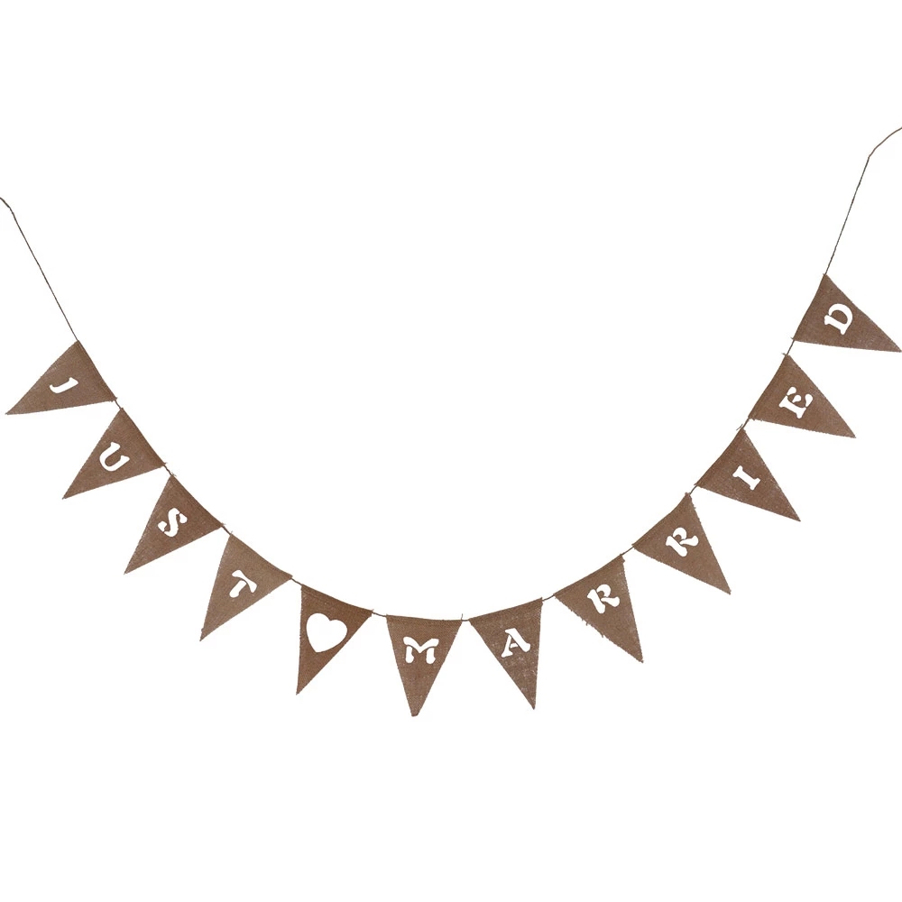 Hanging Linen Jute Rope JUST MARRIED Burlap Banners Wedding Anniversary Party Flax Bunting Flag Pennant Decors Favors