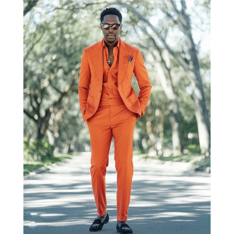 High Quality Orange Men's 2 Pieces Suit Slim Fit Groom Tuxedo Wedding Business Party Male Clothing (Jacket+Pants) Custom Made
