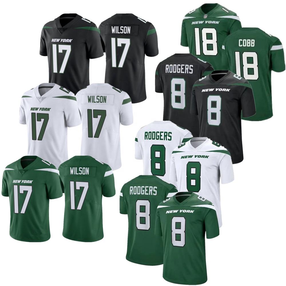 2023 Нью-йоркские футбольные майки 8 Aaron Rodgers 18 Randall Cobb 17 Garrett Wilson Прошитые VP ограниченный Американский футбол Майка
