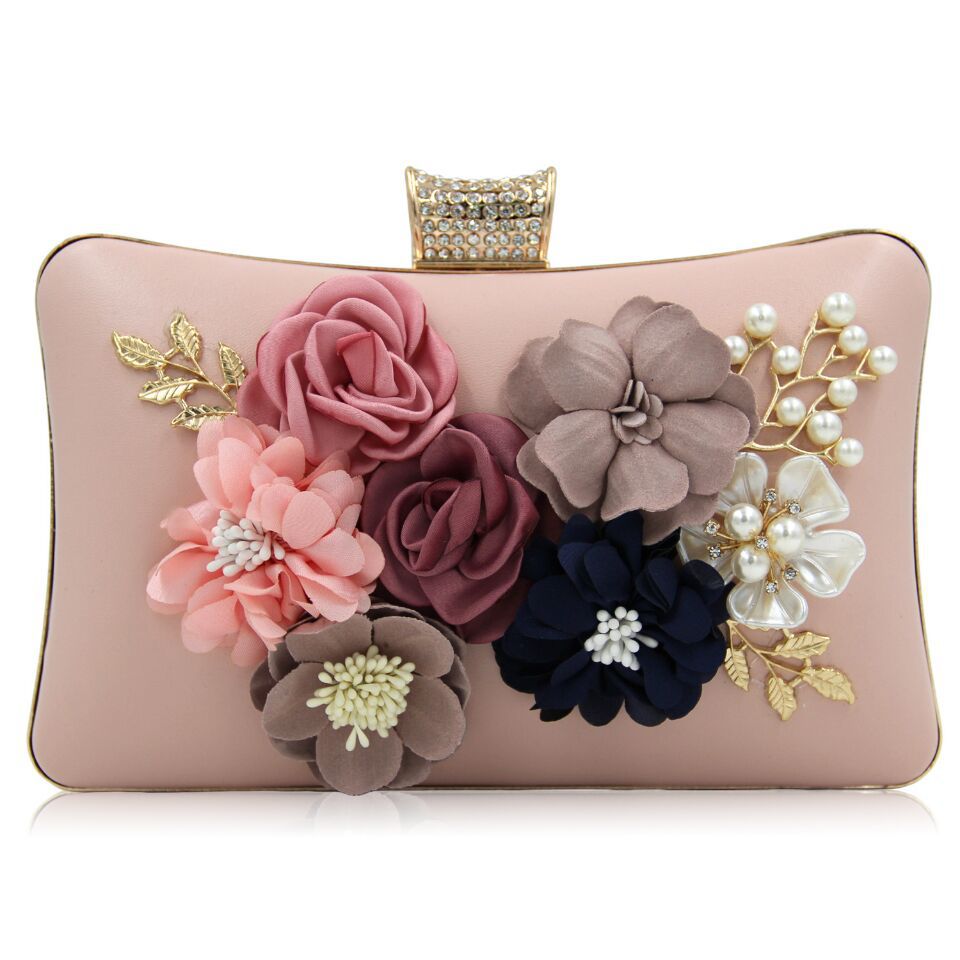 Custom Wholesale Women leather Purse Evening Clutch Bag Gold Chain Light Flower beaded clutch bag evening