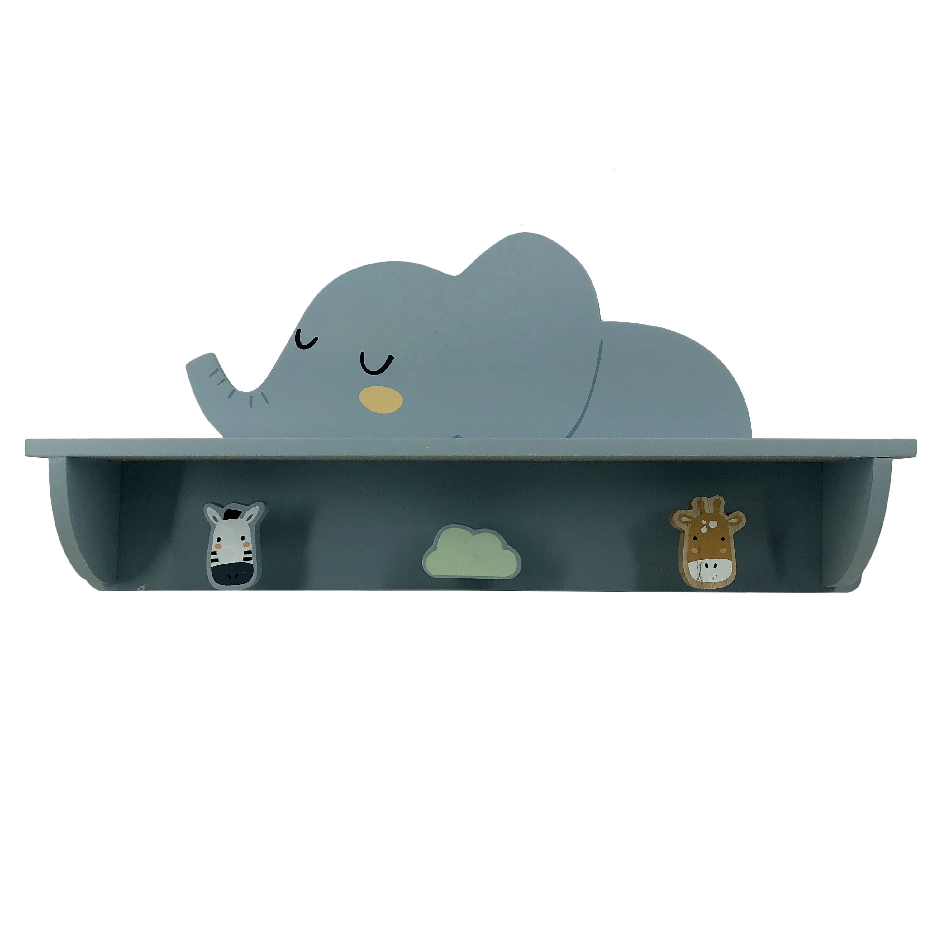 Kids Room Decorative Elephant Shaped Floating Wooden Wall Shelf For Storage With 3 Hooks