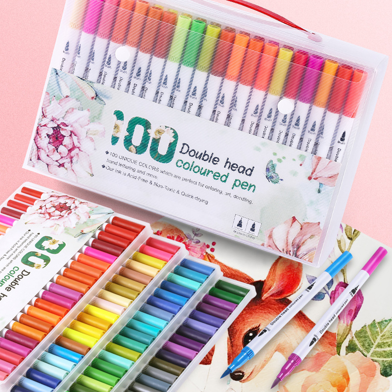 100 цветов/упаковка, двусторонняя кисть для акварели с наконечником fineliner, художественные маркеры 0,4 мм
