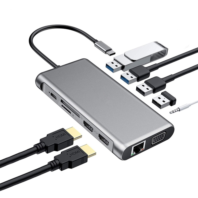 Док-станция 12 в 1 с USB C на Двойной HDMI 4K хаб с Ethernet,VGA, аудио, USB3.0,SD/TF мультипортами Тип c док-станция для Macbook