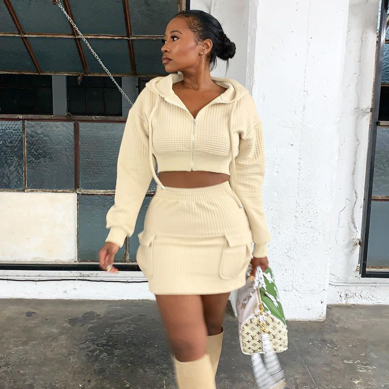 2021 Women Fall Winter Hooded Dress Women Clothing Two Piece Jersey Skirt Sets Girls' Dresses 2 Piece Skirt Sets