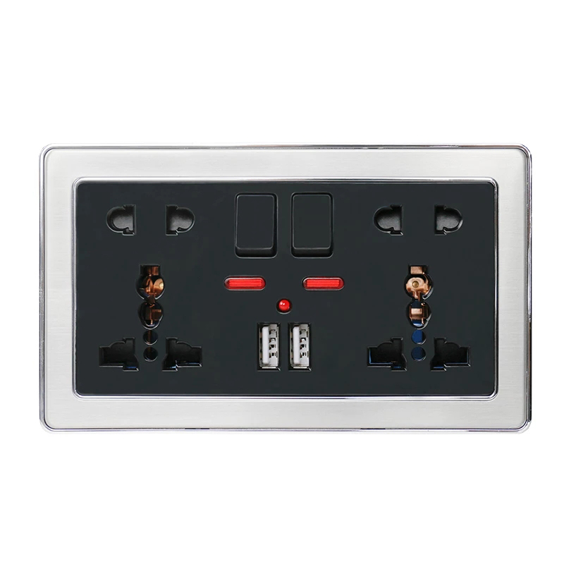 Двойная универсальная настенная розетка с 5 отверстиями, двойная USB-розетка из нержавеющей стали, черная розетка