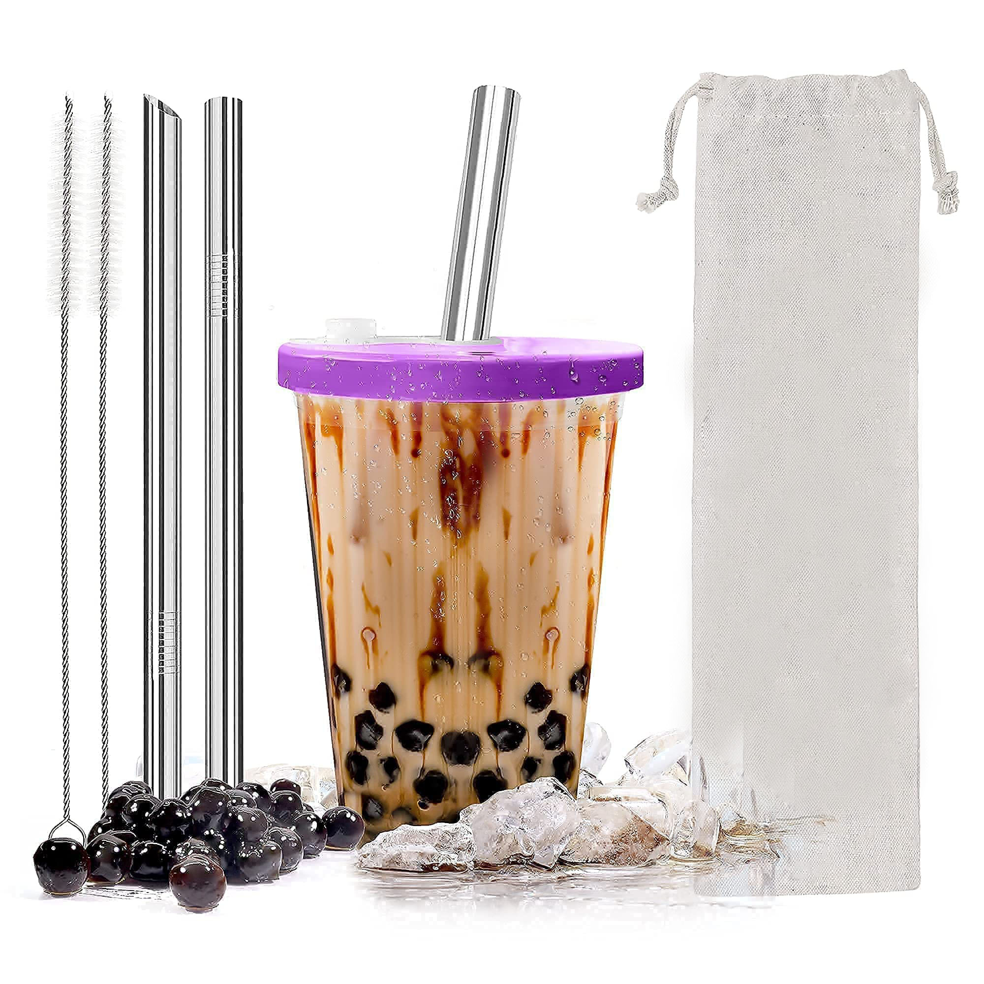 Custom 16oz 12mm Straw Milk Tea Boba Tumbler Box Kit Reusable Plastic Reusable Tea Boba Cups With Lid