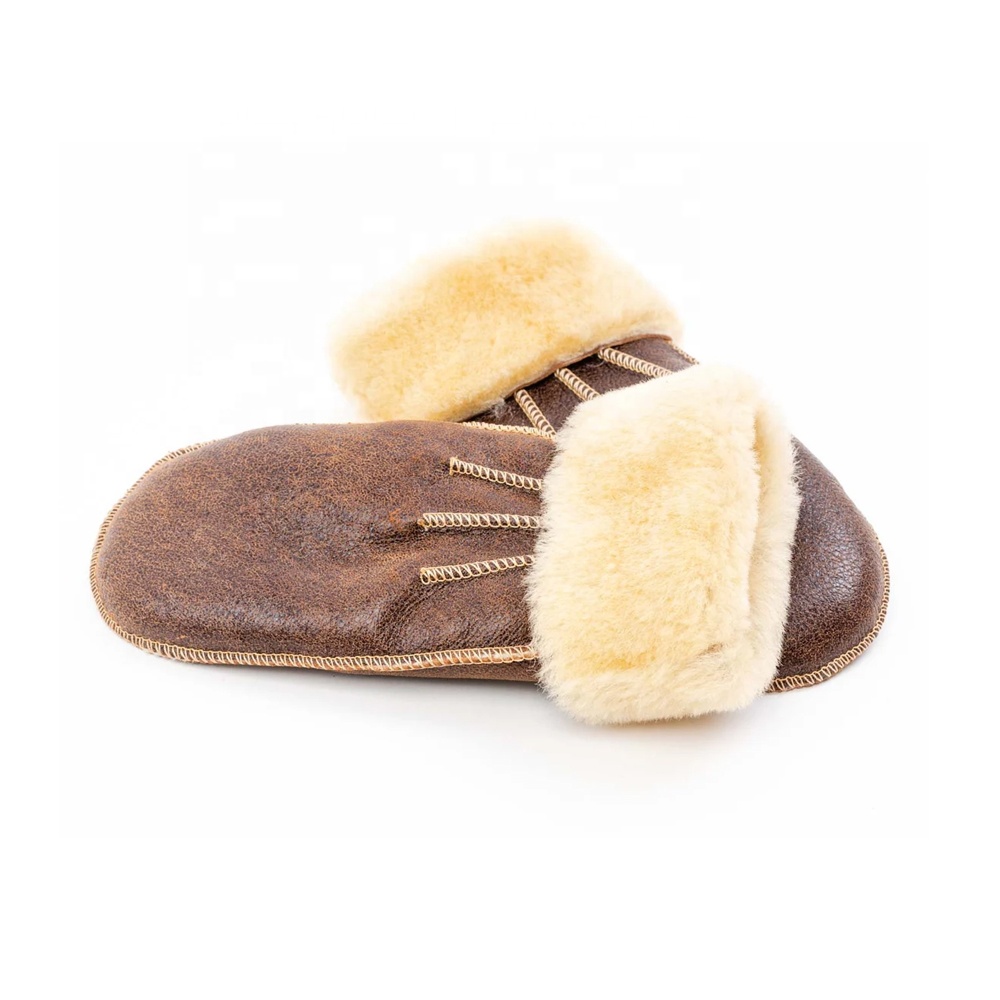 Natural-Breathable Winter Fur Sheepskin Leather Mittens Warm Wool Brown Color Ski Fashion Handmade Leather gloves from Pakistan