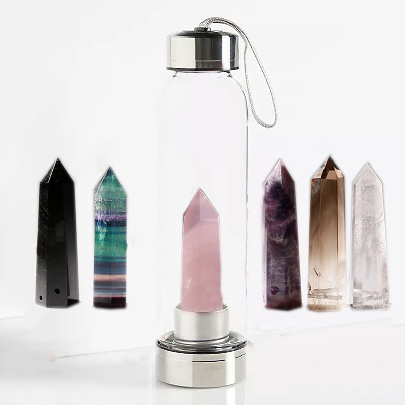 Removable Glass Water Bottle with Healing Crystal Column Magic Wand Energy Water Bottle