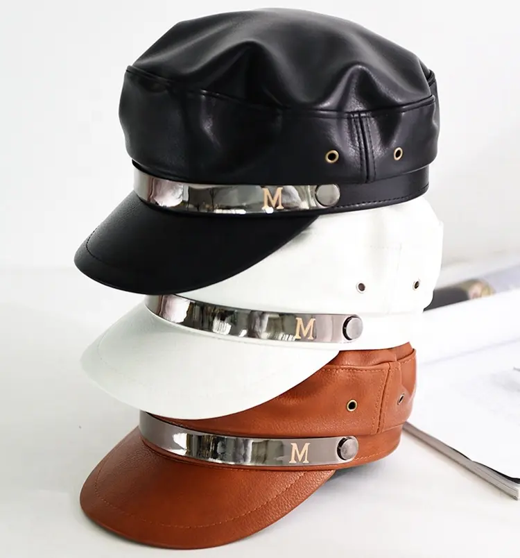 Brown White Black PU Leather Octagonal Cap Newsboy Cap Retro Literary Female Snapback Cap Leisure Hat