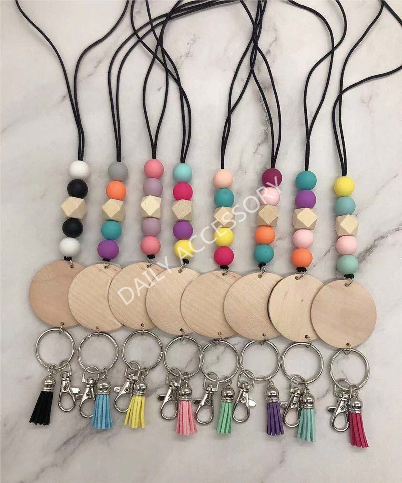 New update laser printing Round Wooden discs metal hooks personalised keychain lanyard