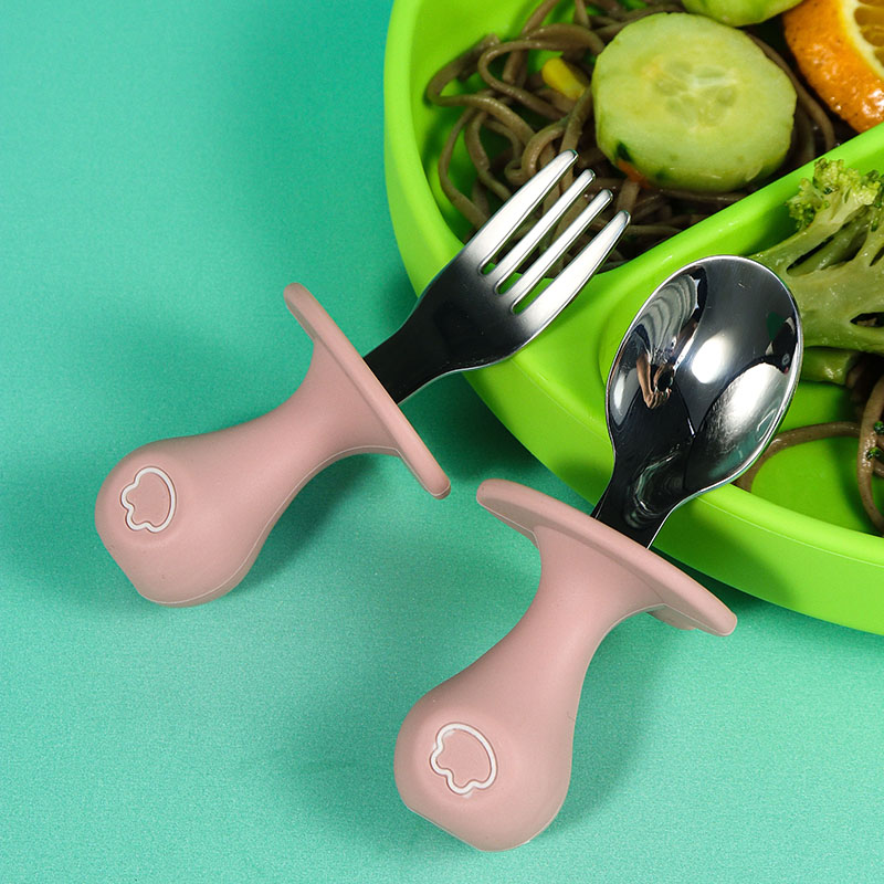 2021 BPA Free baby Feeding Baby Utensils Silicone Stainless Steel Spoon and Fork Set