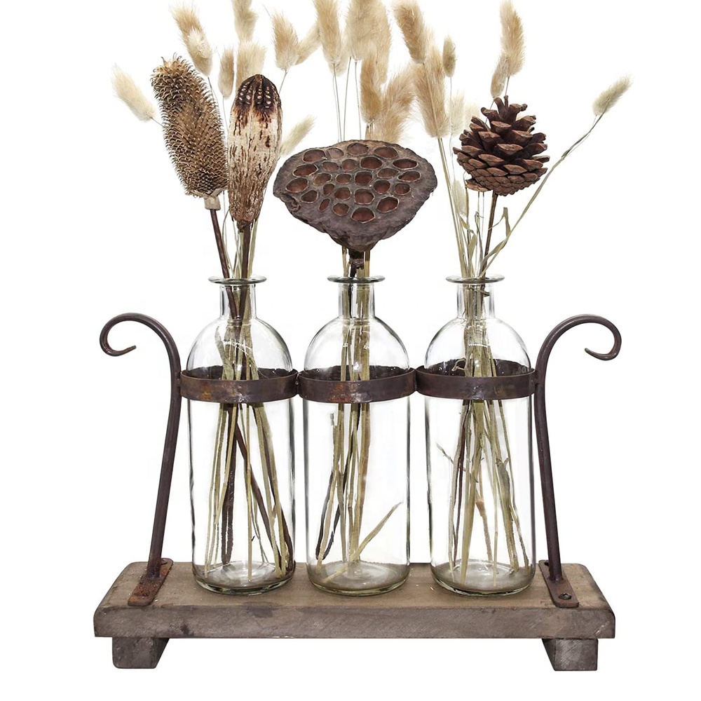 Luckywind Rustic Flower Vase Set with Rack Stand Farmhouse Glass Bottles for Decor Table centerpieces