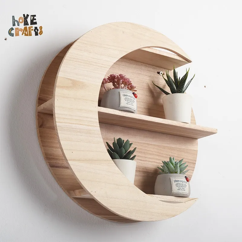 wooden wall decor moon shaped Essential Oil Storage Rack wooden moon shelf for home decoration