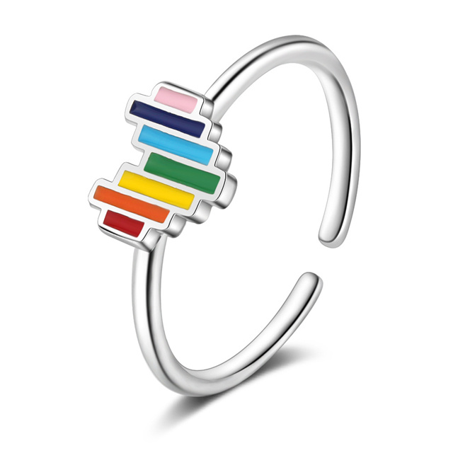 New Woman Fashion Jewelry High Quality Rainbow Enamel Heart Ring Adjustable Size Open Ring