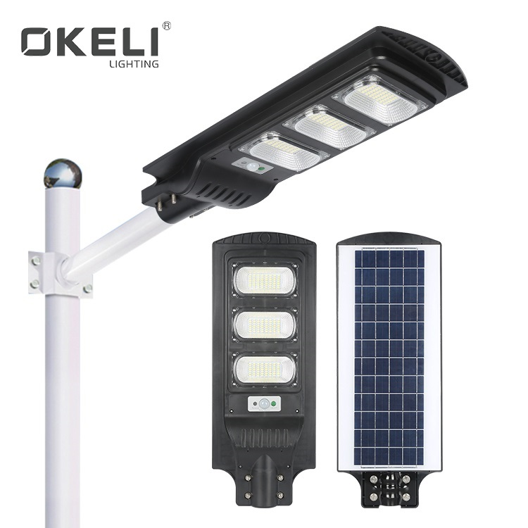 OKELI высокомощный человеческий датчик pc ip65 30w 60w 90w напольный интегрированный все в одном Солнечный светодиодный уличный фонарь