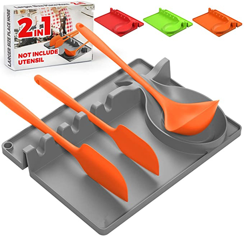 2021 Amazon Hot Sale 2 in 1 Silicone Spoon Rest Holder Upgraded Utensil Rest Pad Include 5 Slots & 1 Spoon Holder