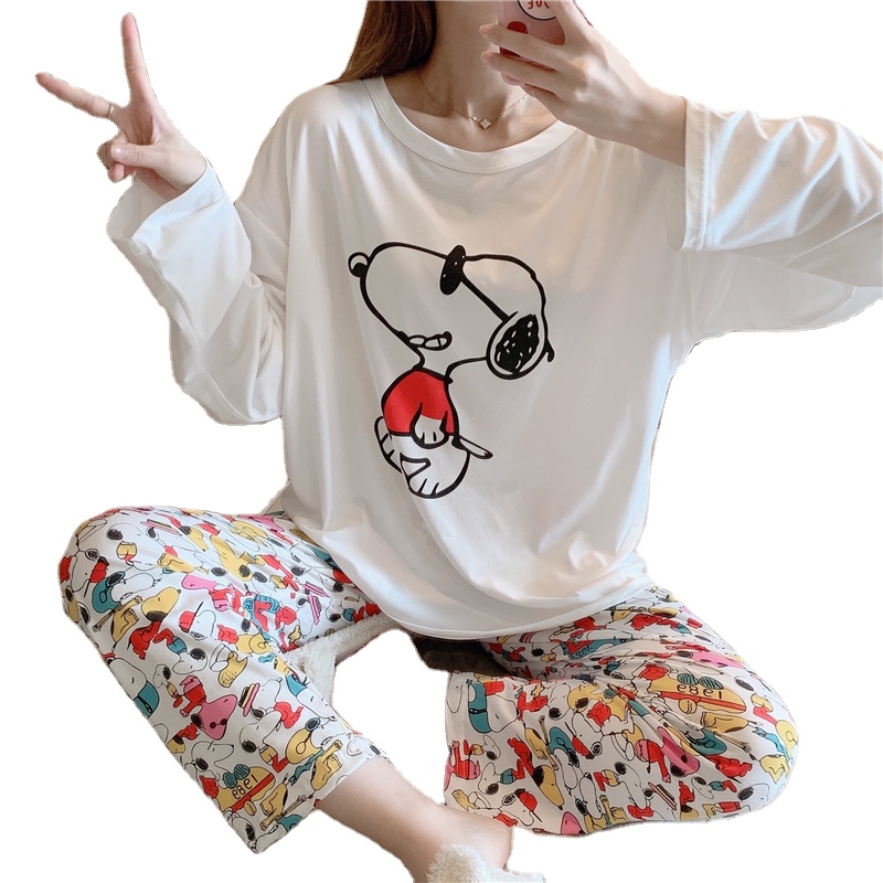 Sleepwear Autumn O Neck Long Sleeve Pants 2Pcs Sets Pajamas Snoopy Cartoons Korean Loungwear Oversize Sweet Leisure Home Wear