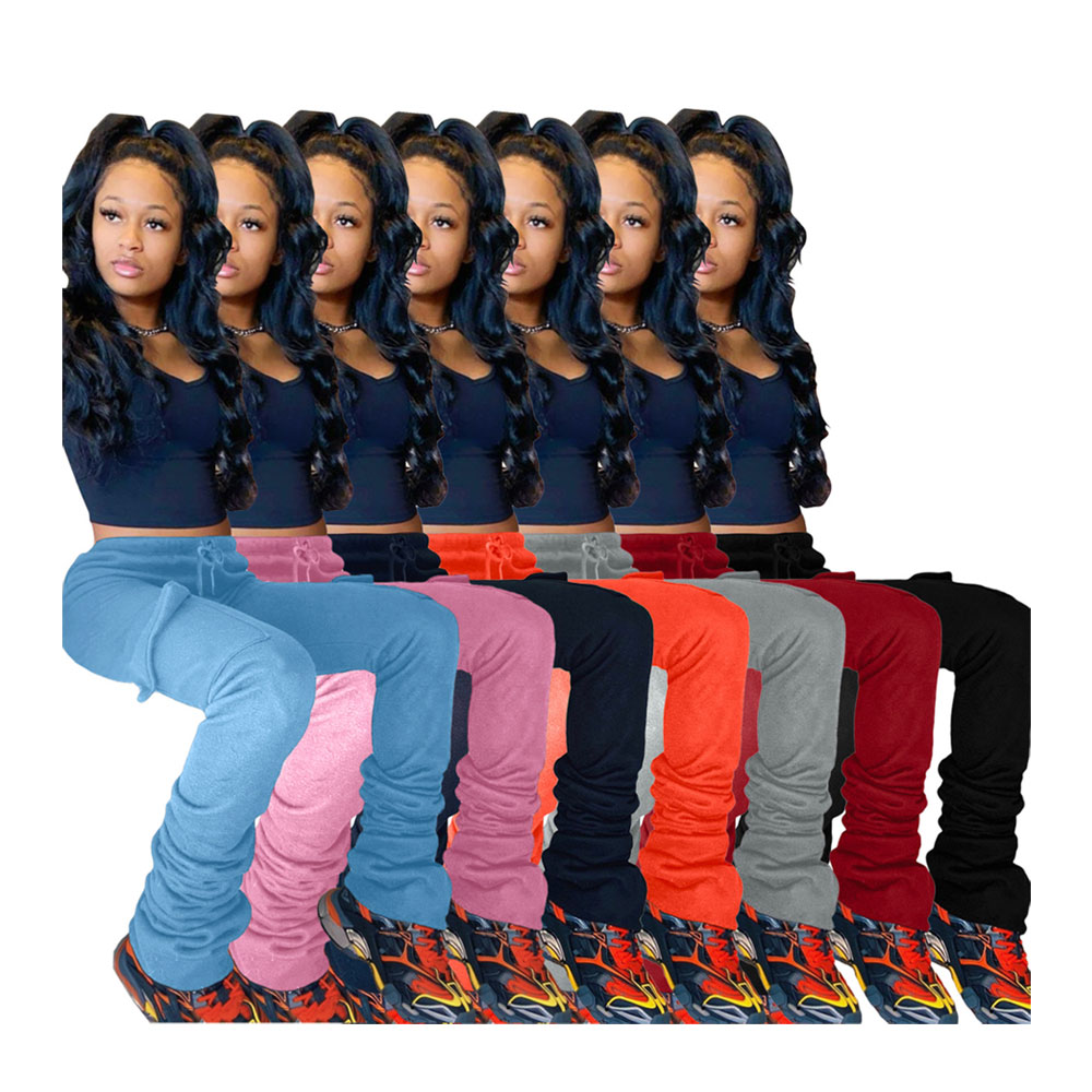 solid color high waist ruched stcaked pants women stacked leggings stacked pants