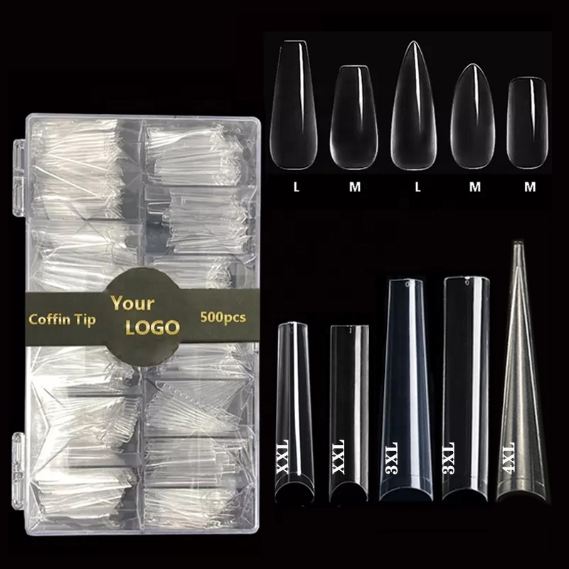 False Square Coffin Nail Tips, Half Cover, ABS, Extra Long, Wholesale, French, XXL, 500Pcs в Box, Non C Curve, 3XL
