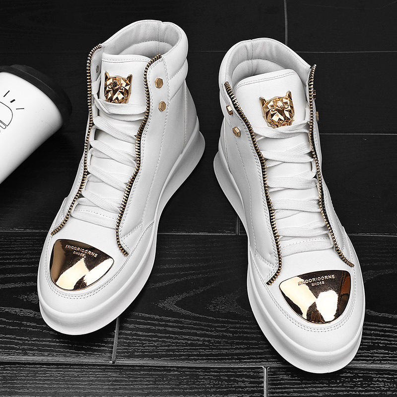 Wholesale Customised Fashion Metal Zip Men's Shoes Casual High Top Sneakers